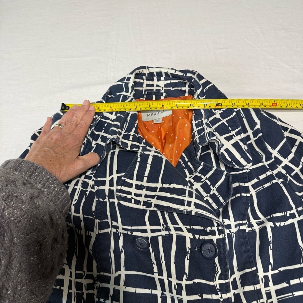Merona Navy and White Geometric Jacket Orange Lining and Belt Women’s Medium - Picture 7 of 8